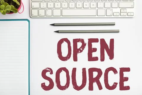 Handwriting text Open Source. Word for denoting software which original source Foto stock