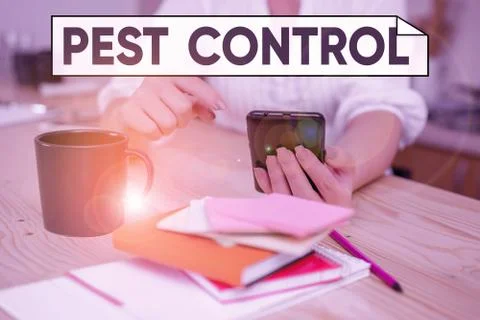 Handwriting text Pest Control. Concept meaning analysisagement of a species that 스톡 사진