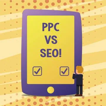 Handwriting text Ppc Vs Seo. Concept meaning Pay per click against Search Engine Stock Illustration