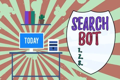 Handwriting text Search Bot. Concept meaning a program that runs automated tasks Ilustração Stock