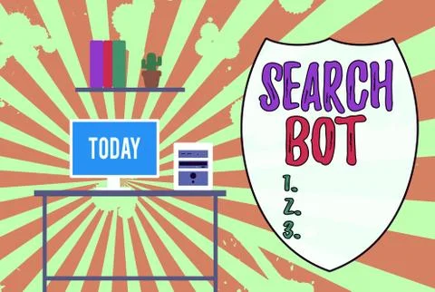 Handwriting text Search Bot. Concept meaning a program that runs automated tasks Ilustração Stock