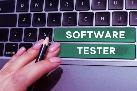 Handwriting text Software Tester. Word Written on implemented to protect Foto stock