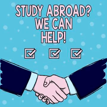 Handwriting text Study Abroadquestion We Can Help. Concept meaning going Illustrazione stock