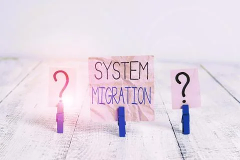 Handwriting text System Migration. Concept meaning moving from the use of one Photos