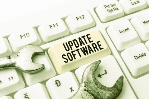 Handwriting text Update Software. Word Written on replacing program with a newer Foto stock