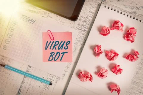 Handwriting text Virus Bot. Concept meaning malicious selfpropagating malware 库存照片
