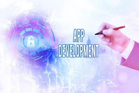 Handwriting text writing App Development. Concept meaning producing computer Foto stock