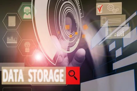 Handwriting text writing Data Storage. Concept meaning the act of archiving data 스톡 사진