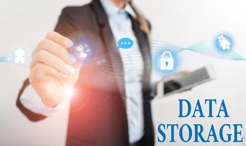 Handwriting text writing Data Storage. Concept meaning the act of archiving data 스톡 사진