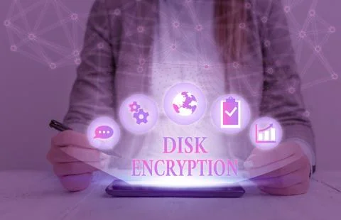 Handwriting text writing Disk Encryption. Concept meaning the security mechanism Foto stock