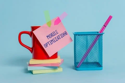 Handwriting text writing Mobile Optimization. Concept meaning Site Content Stock Photos