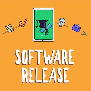 Handwriting text writing Software Release. Concept meaning sum of stages of Stock Illustration