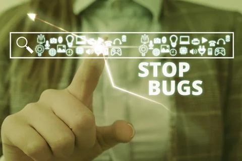 Handwriting text writing Stop Bugs. Concept meaning Get rid an insect or similar Stock Photos