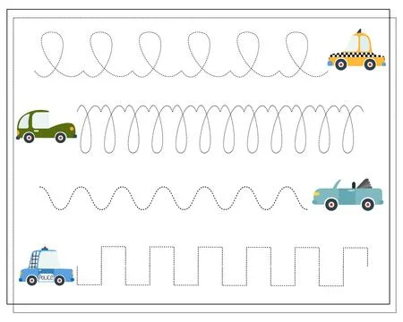 Handwriting training, Educational game for children, cartoon cars Illustrazione stock