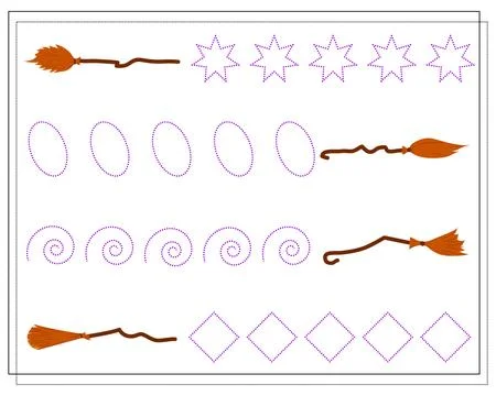 Handwriting training game for kids, dot to dot, witch's broom, halloween. v.. Stock Illustration
