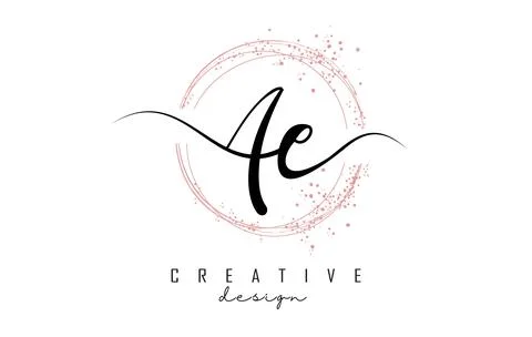 Handwritten AE a e letters logo with dust pink sparkling circles and glitter. Stock Illustration
