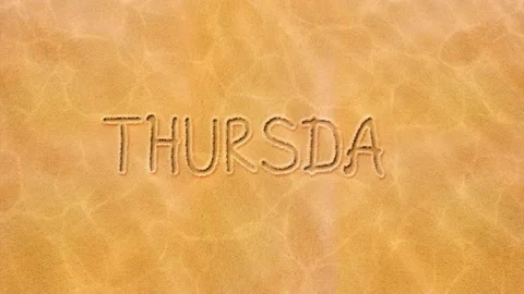 Handwritten animated text in the sand, day of the week-Thursday. Stock Footage 130754145