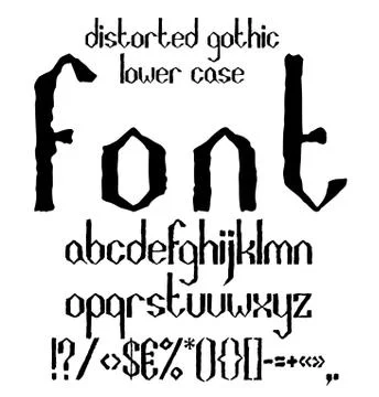 Handwritten black distorted gothic lower case alphabet with symbols Stock Illustration