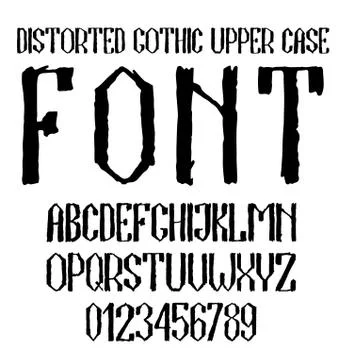 Handwritten black distorted gothic upper case alphabet with numbers Stock Illustration