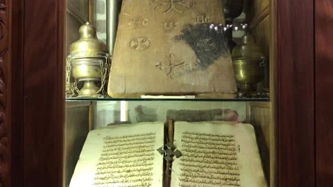 Handwritten Coptic Prayer Manuscripts on Display Stock Footage 327356966