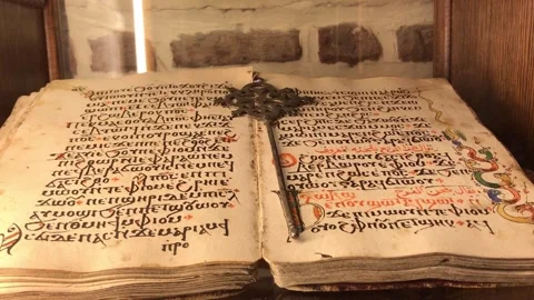 Handwritten Coptic Prayer Manuscripts on Display Stock Footage 327356968