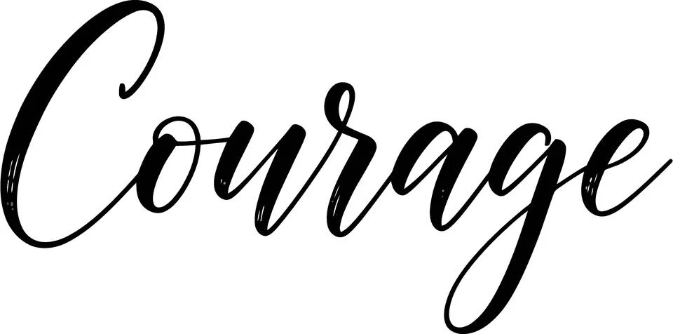 Handwritten "Courage" in elegant black script on a white background. Stock Illustration