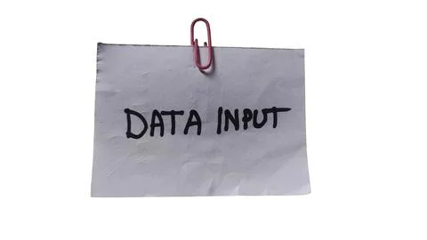 Handwritten data input note attached with paperclip on light gray paper Stock Illustration