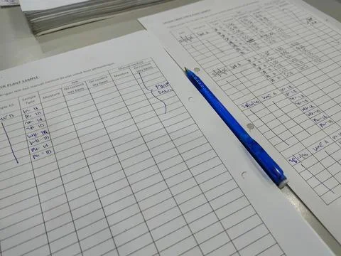 Handwritten Data Log Sheets for Plant Sample Cross Checks with Blue Pen Stock Photos