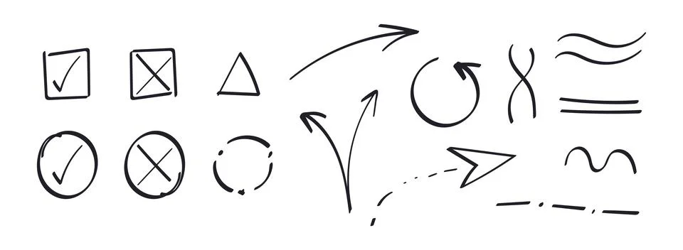 Handwritten Doodle set Elements. Check, cross. Arrows and triangle. Line, wave Stock Illustration