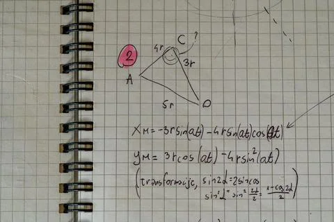 Handwritten geometry problem triangle trigonometric transformation Stock Photos