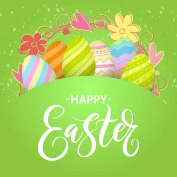 Handwritten Happy Easter cute typography lettering with colorful eggs Stock Illustration