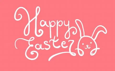 Handwritten Happy Easter text with cute rabbit Stock Illustration