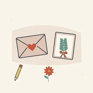 Handwritten letter with a flower and envelope. Decorative flat vector composi Stock Illustration