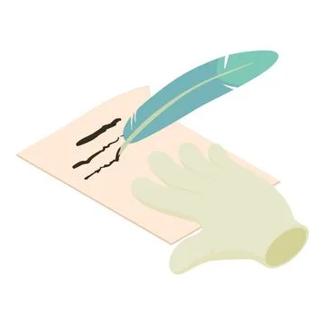 Handwritten letter icon isometric vector. Sheet of paper with text and feather Stock Illustration