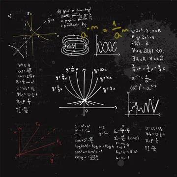 Handwritten mathematical formulas and graphs. Blackboard with calculations. Illustrazione stock
