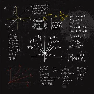 Handwritten mathematical formulas and graphs. Blackboard with calculations. Illustrazione stock