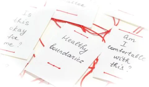 Handwritten notes on healthy boundaries with red thread connections Stock Photos