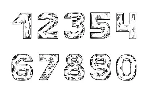 Handwritten numbers vector line art. Printed characters 1 2 3 4 5 6 7 8 9 0. Illustrazione stock