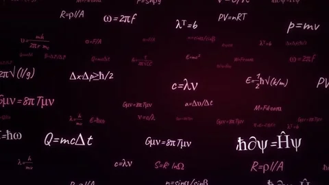Handwritten physics and mathematics formulas floating on a dark red background Video stock 344666660
