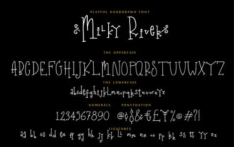 Handwritten playful script font Milky River vector alphabet set Illustrazione stock