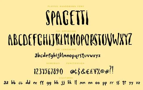 Handwritten playful script font Spagetti vector alphabet set 스톡 일러스트