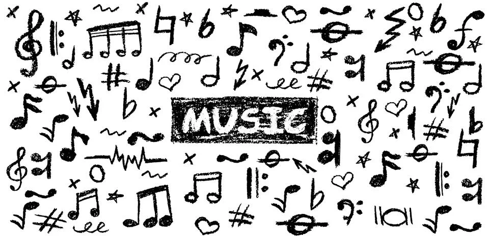 Handwritten pop vector background with charcoal scribble music icons. Playful Stock Illustration
