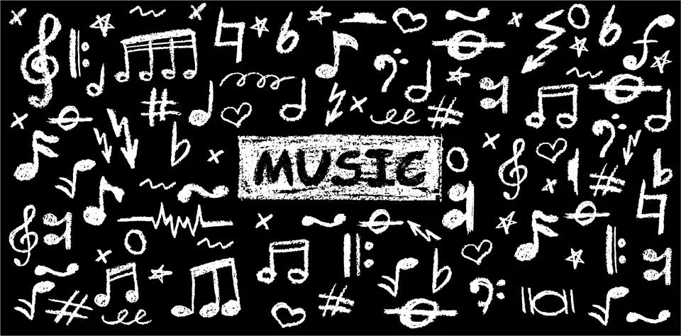 Handwritten pop vector background with charcoal scribble music icons. Playful Stock Illustration