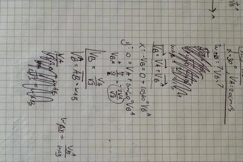 Handwritten relative velocity vector equations physics Foto stock