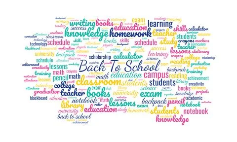 Handwritten style back to school word cloud illustration with colorful educ.. Stock Illustration