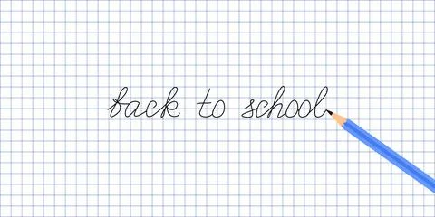 Handwritten text back to school and blue pencil on a graph paper background Stock Illustration