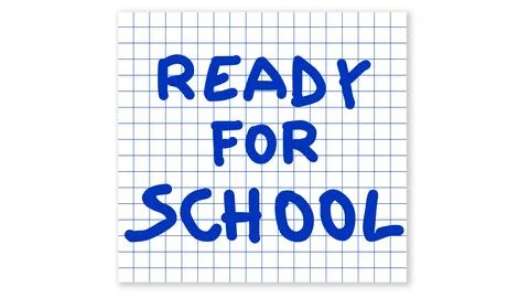 Handwritten text ready for school on a square of blue grid paper Stock Illustration