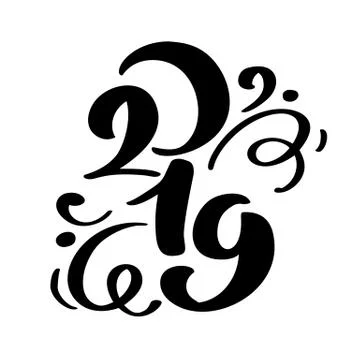 Handwritting flourish vector calligraphy text 2019. hand drawn New Year and Stock Illustration
