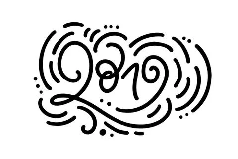 Handwritting motoline vector calligraphy text 2019. hand drawn New Year and Stock-Illustration