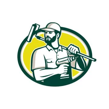 Handyman Bearded Drill Paintroller Oval Retro Stock Illustration